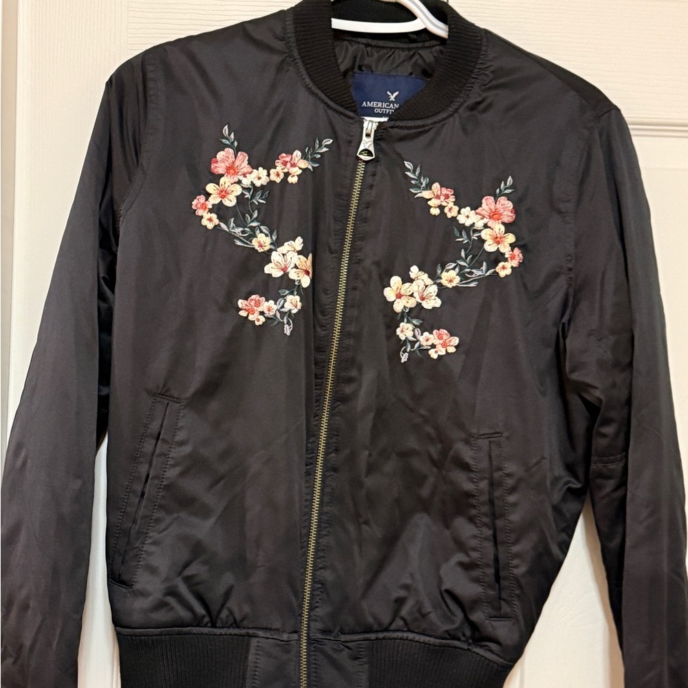 American Eagle Outfitters Black Floral Bomber Jacket